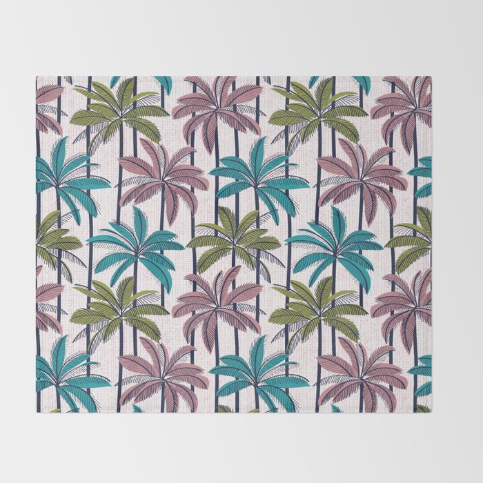 Retro Palm Springs vibes // white background highball green peacock blue and dry rose palm trees oxford navy blue lines Throw Blanket Gallery Image 2