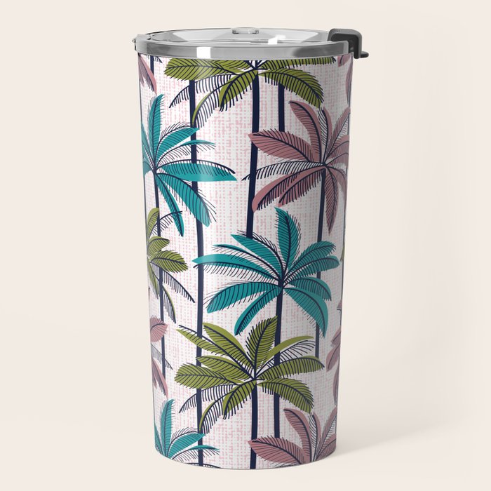Retro Palm Springs vibes // white background highball green peacock blue and dry rose palm trees oxford navy blue lines Travel Mug Gallery Image 2