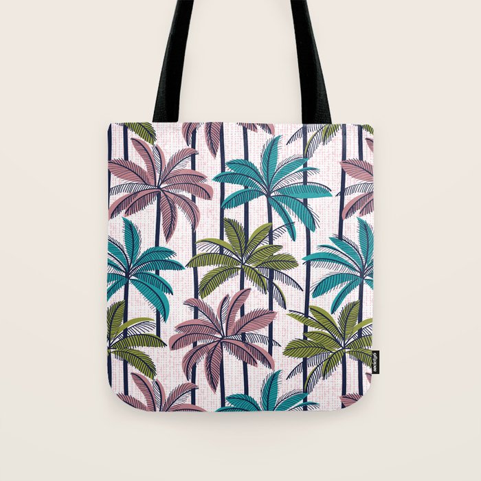 Retro Palm Springs vibes // white background highball green peacock blue and dry rose palm trees oxford navy blue lines Tote Bag Gallery Image 1