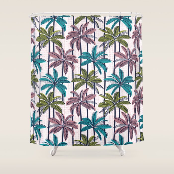 Retro Palm Springs vibes // white background highball green peacock blue and dry rose palm trees oxford navy blue lines Shower Curtain Gallery Image 1
