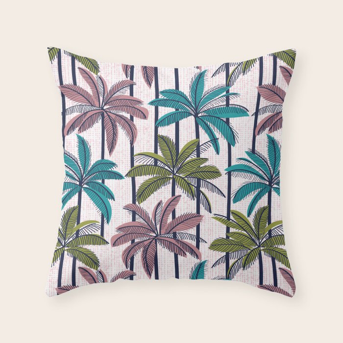 Retro Palm Springs vibes // white background highball green peacock blue and dry rose palm trees oxford navy blue lines Throw Pillow Gallery Image 6