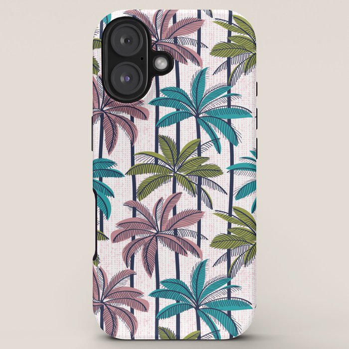 Retro Palm Springs vibes // white background highball green peacock blue and dry rose palm trees oxford navy blue lines iPhone Case Gallery Image 5