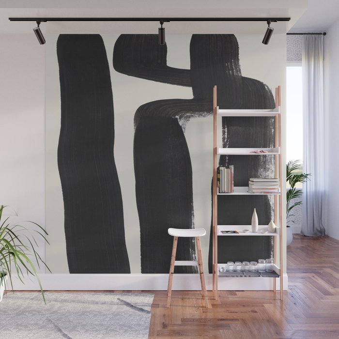 Mid Century Modern Minimalist Abstract Art Brush Strokes Black & White Ink Art Ancient Stripes Wall Mural Gallery Image 1