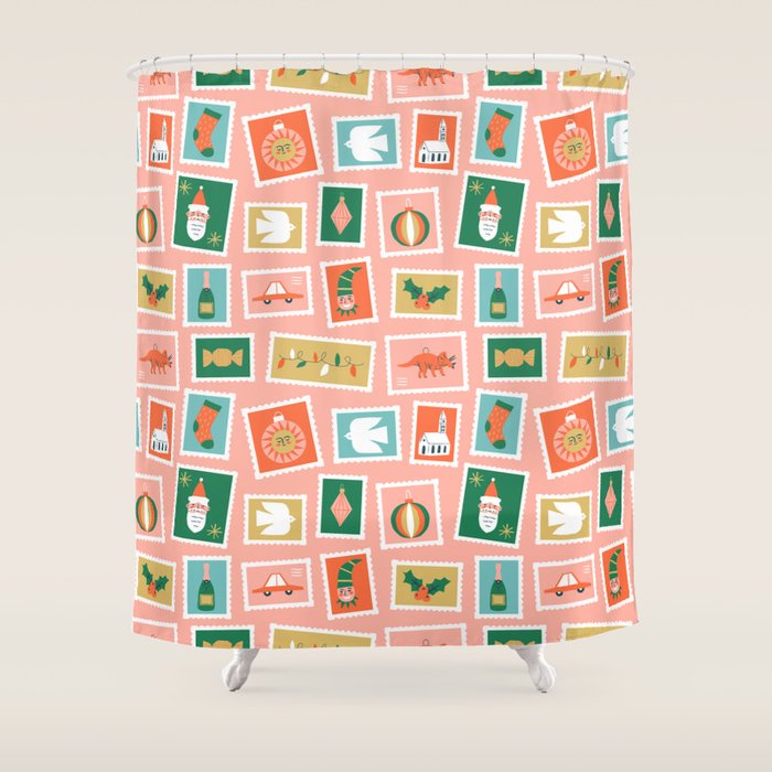 Vintage christmas postage stamp sticker pattern Shower Curtain Gallery Image 1