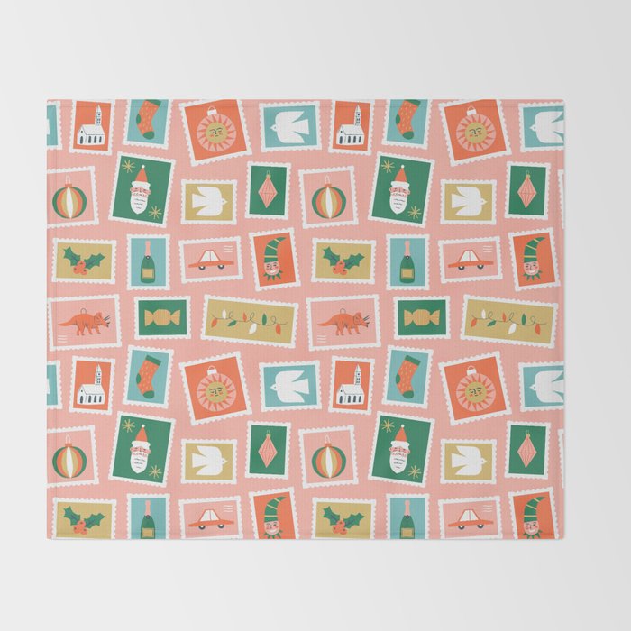 Vintage christmas postage stamp sticker pattern Throw Blanket Gallery Image 2