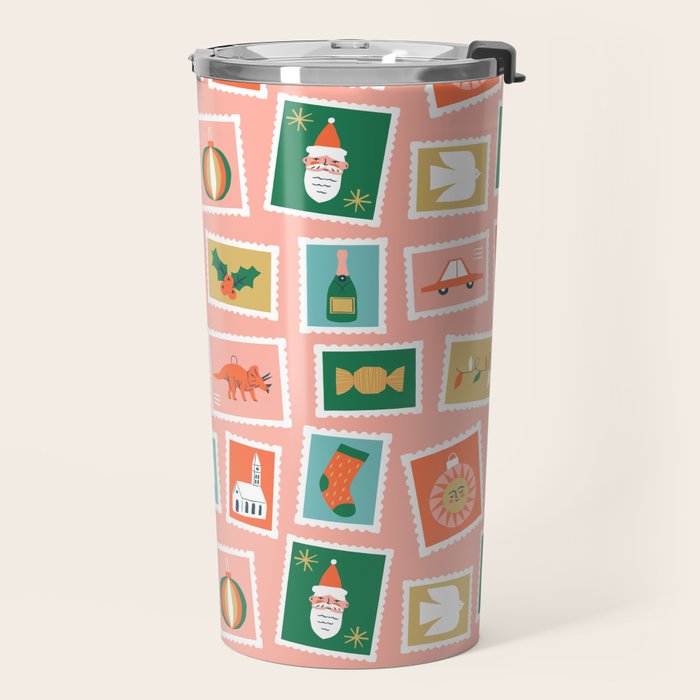 Vintage christmas postage stamp sticker pattern Travel Mug Gallery Image 2