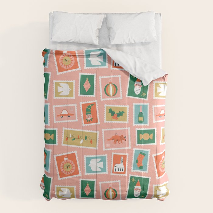 Vintage christmas postage stamp sticker pattern Comforter Gallery Image 6