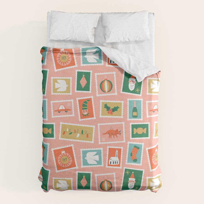 Vintage christmas postage stamp sticker pattern Duvet Cover Gallery Image 6
