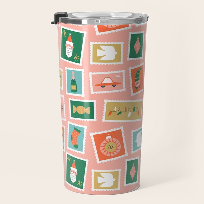 Vintage christmas postage stamp sticker pattern Travel Mug Gallery Image 3