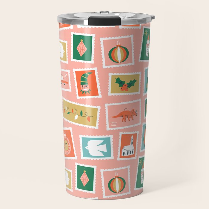 Vintage christmas postage stamp sticker pattern Travel Mug Gallery Image 1
