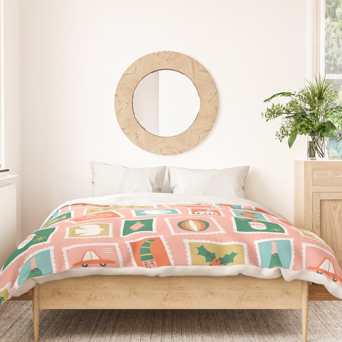 Vintage christmas postage stamp sticker pattern Duvet Cover Gallery Image 3