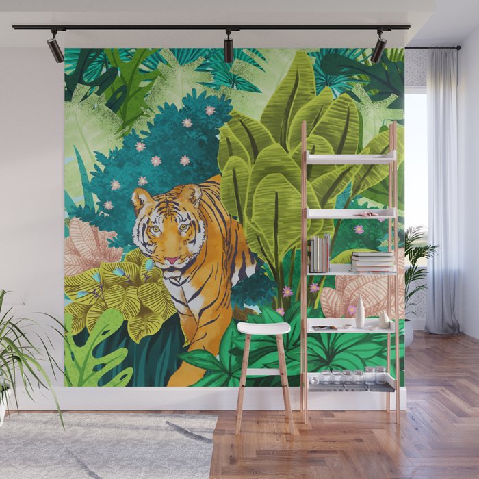 Jungle Tiger | Modern Bohemian Colorful Forest | Tropical Botanical Nature Watercolor Painting Wall Mural Gallery Image 1