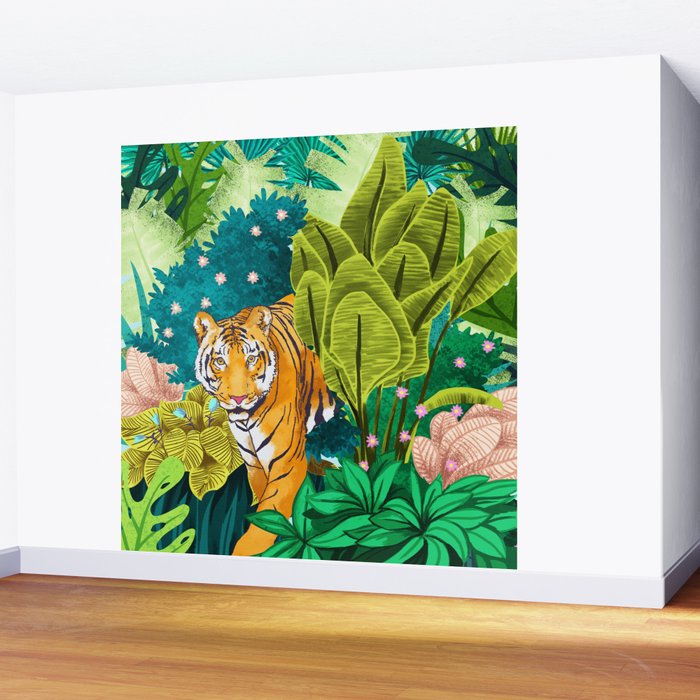 Jungle Tiger | Modern Bohemian Colorful Forest | Tropical Botanical Nature Watercolor Painting Wall Mural Gallery Image 2