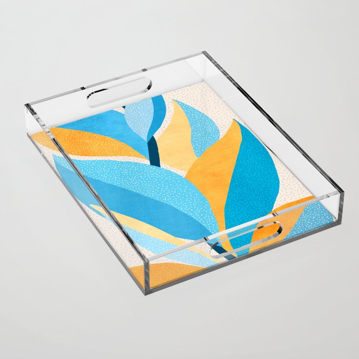 Colorful Blue and Yellow Abstract Botanical Acrylic Tray Gallery Image 1