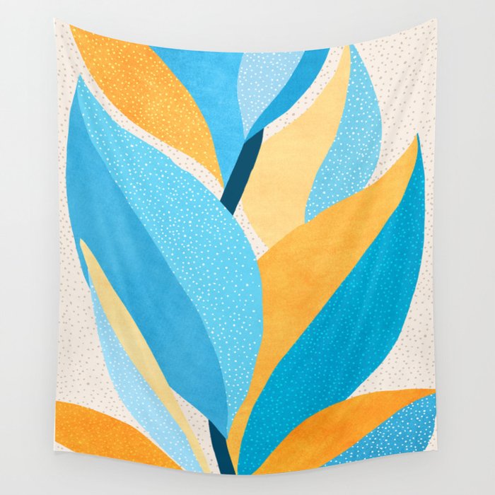 Colorful Blue and Yellow Abstract Botanical Wall Tapestry Gallery Image 1