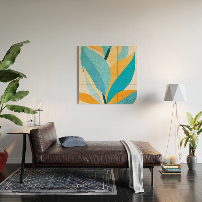 Colorful Blue and Yellow Abstract Botanical Wood Wall Art Gallery Image 2