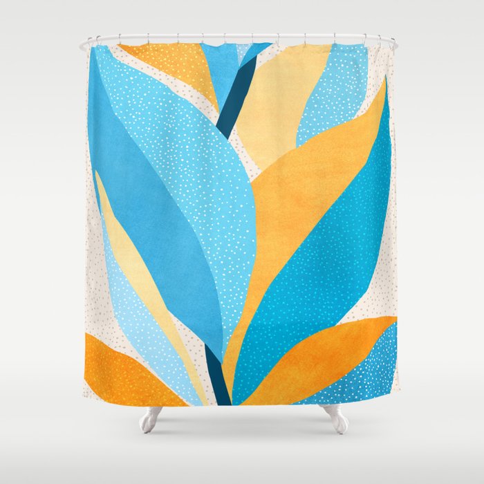 Colorful Blue and Yellow Abstract Botanical Shower Curtain Gallery Image 1
