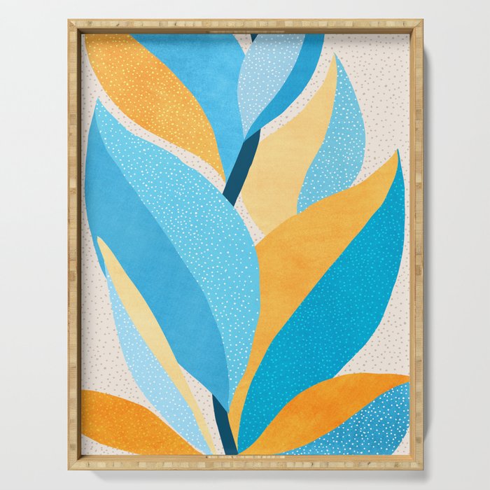 Colorful Blue and Yellow Abstract Botanical Serving Tray Gallery Image 1