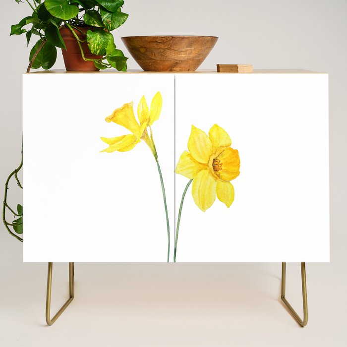 two botanical yellow daffodils watercolor Credenza Gallery Image 1
