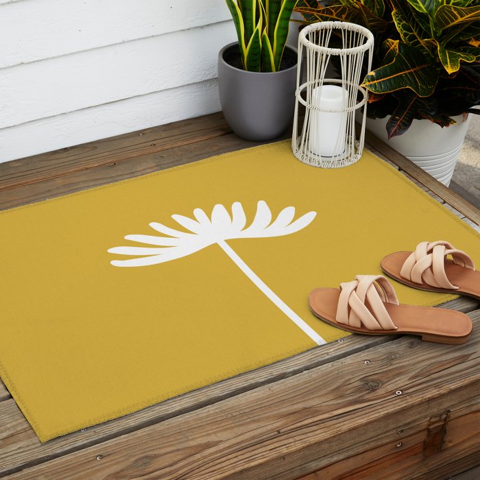 Tall Flower Minimalist Floral in White and Light Mustard Outdoor Rug Gallery Image 2