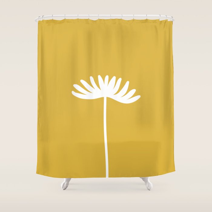Tall Flower Minimalist Floral in White and Light Mustard Shower Curtain Gallery Image 1