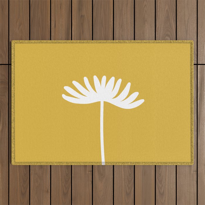 Tall Flower Minimalist Floral in White and Light Mustard Outdoor Rug Gallery Image 1