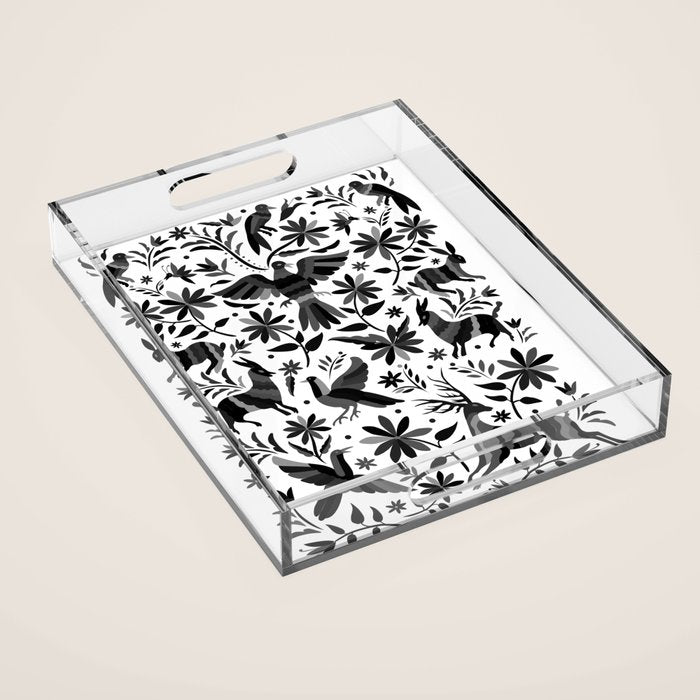 Mexican Otomi Design in Shades of Gray by Akbaly Acrylic Tray Gallery Image 1