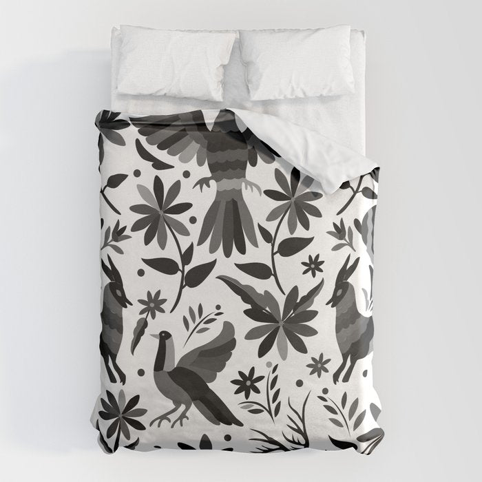 Mexican Otomi Design in Shades of Gray by Akbaly Duvet Cover Gallery Image 1