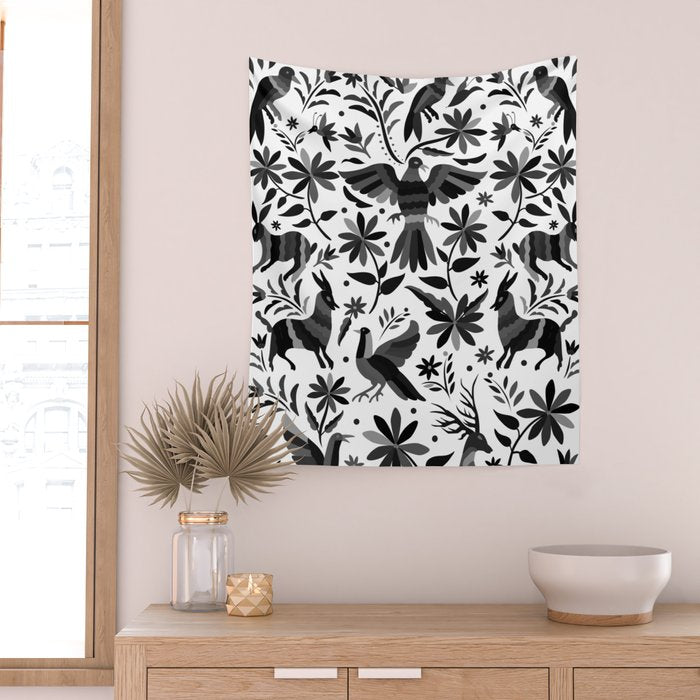 Mexican Otomi Design in Shades of Gray by Akbaly Wall Tapestry Gallery Image 2