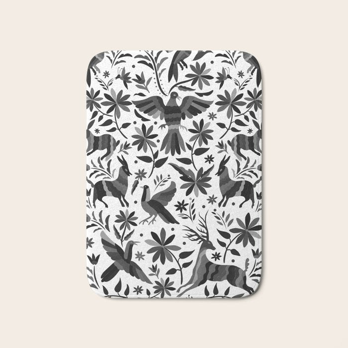 Mexican Otomi Design in Shades of Gray by Akbaly Bath Mat Gallery Image 1