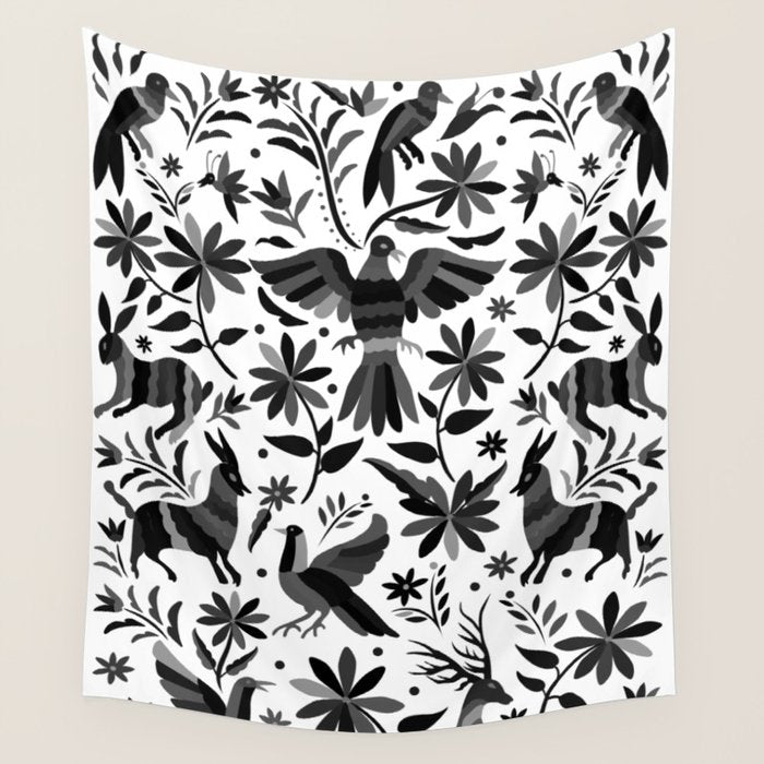 Mexican Otomi Design in Shades of Gray by Akbaly Wall Tapestry Gallery Image 4