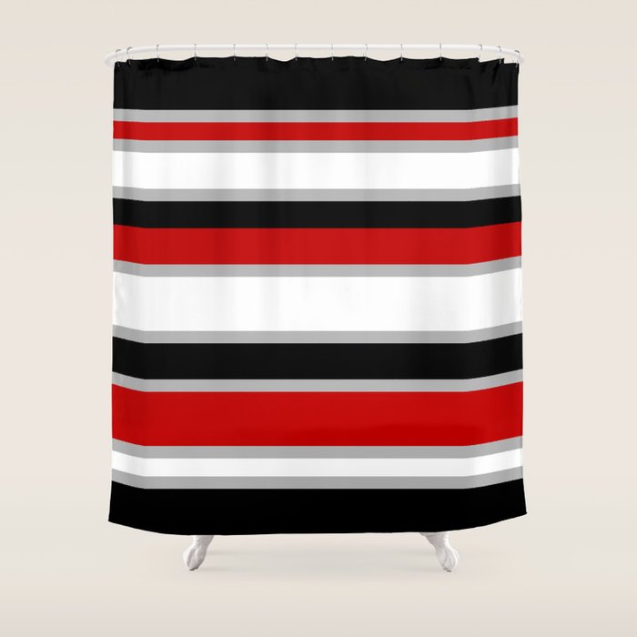 Modern Horizontal Stripes // Red, Gray, Black and White Shower Curtain Gallery Image 1
