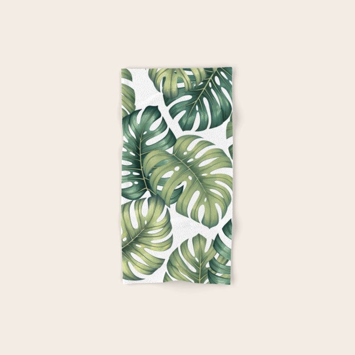 Monstera botanical leaves illustration pattern on white Bath Towel Gallery Image 1