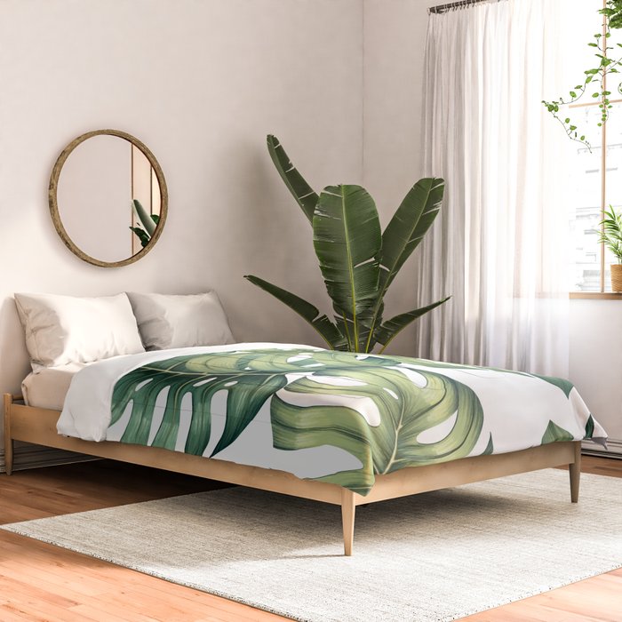 Monstera botanical leaves illustration pattern on white Comforter Gallery Image 2