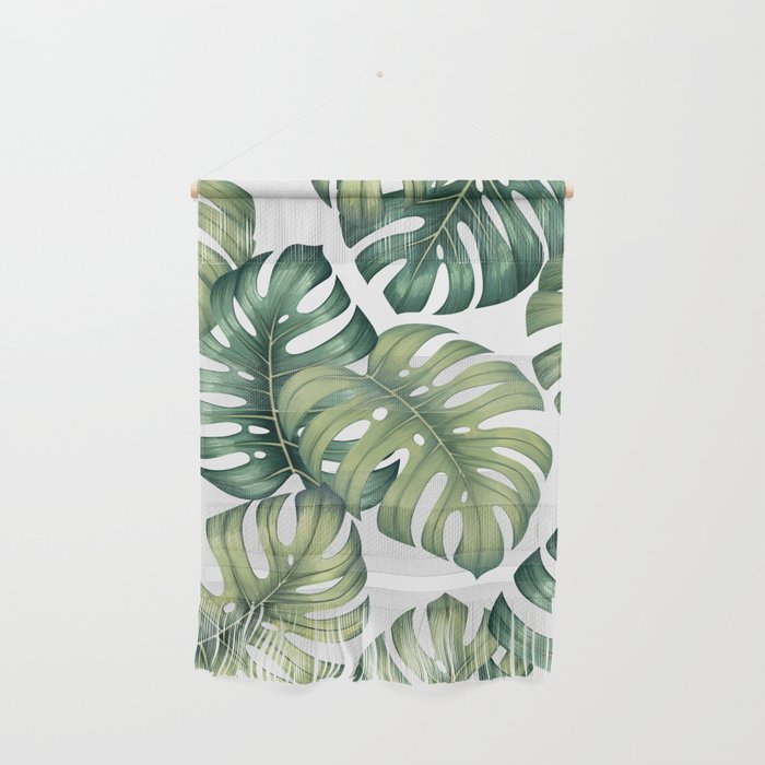 Monstera botanical leaves illustration pattern on white Wall Hanging Gallery Image 1