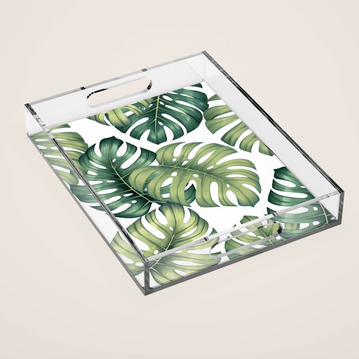 Monstera botanical leaves illustration pattern on white Acrylic Tray Gallery Image 1
