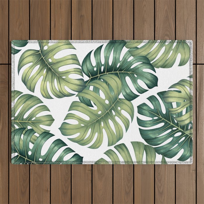 monstera plant rug Monstera botanical leaves illustration pattern on white Outdoor Rug – Society6
