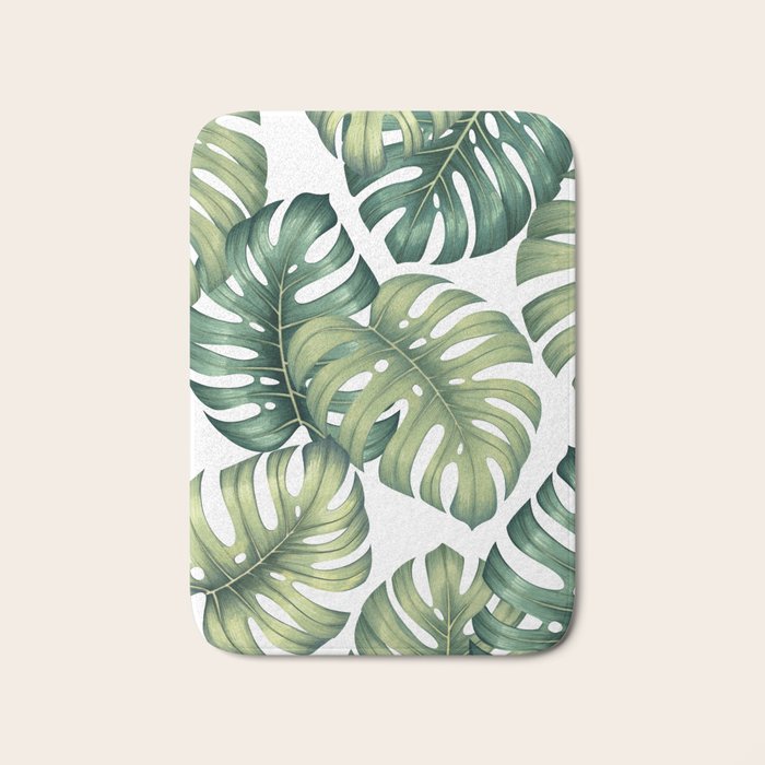 Monstera botanical leaves illustration pattern on white Bath Mat Gallery Image 1
