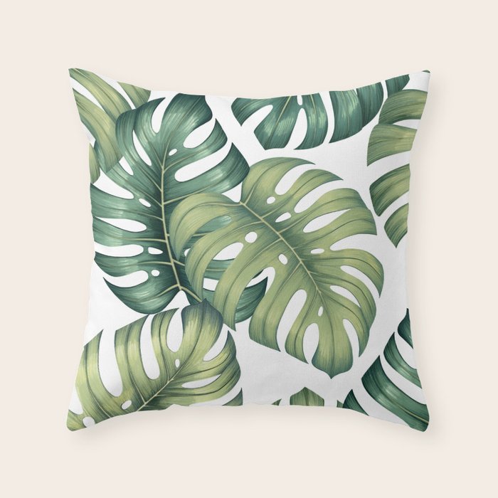 Monstera botanical leaves illustration pattern on white Throw Pillow Gallery Image 1
