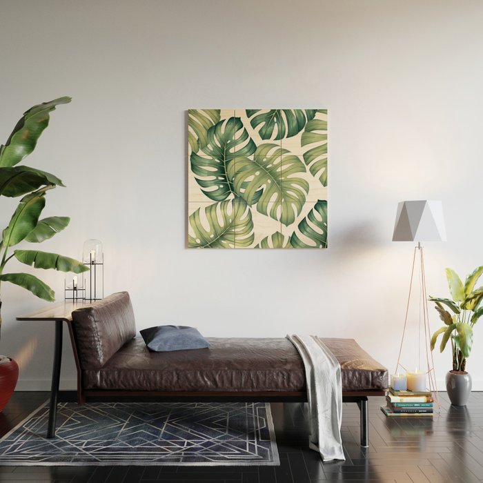 Monstera botanical leaves illustration pattern on white Wood Wall Art Gallery Image 2