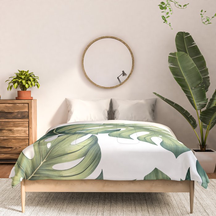 Monstera botanical leaves illustration pattern on white Comforter Gallery Image 3
