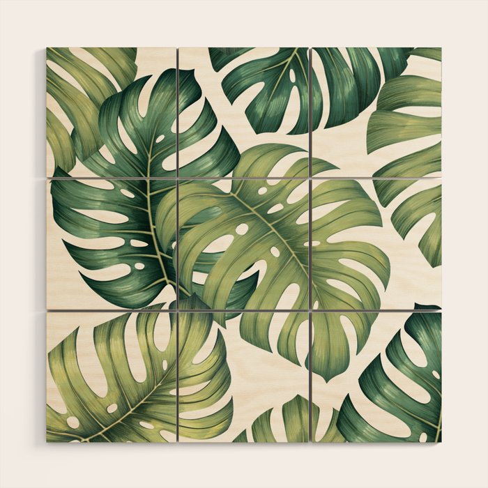 Monstera botanical leaves illustration pattern on white Wood Wall Art Gallery Image 1