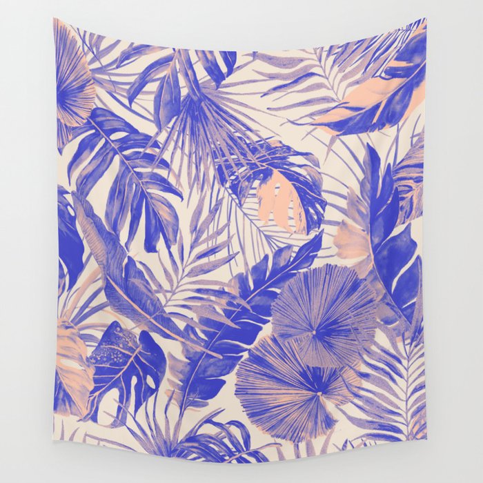 Blue and pink leafy jungle J Wall Tapestry Gallery Image 1