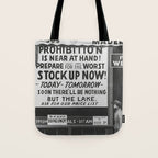 Prohibition restaurant advertising liquor and beer warning customers to stock up now on liquor and beer before prohibition goes into affect black and white illustration photograph - photography - photographs ad Tote Bag Gallery Image 1