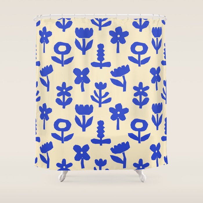 Abstract blue flower collage art pattern Shower Curtain Gallery Image 1