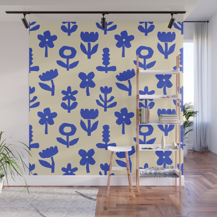 Abstract blue flower collage art pattern Wall Mural Gallery Image 1