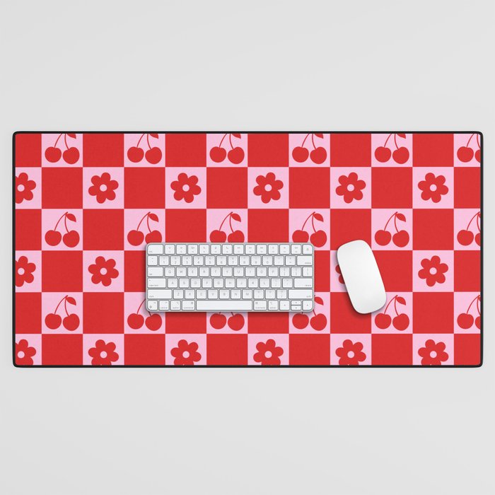Cherry Flowers Pink & Red Checker Desk Mat Gallery Image 1