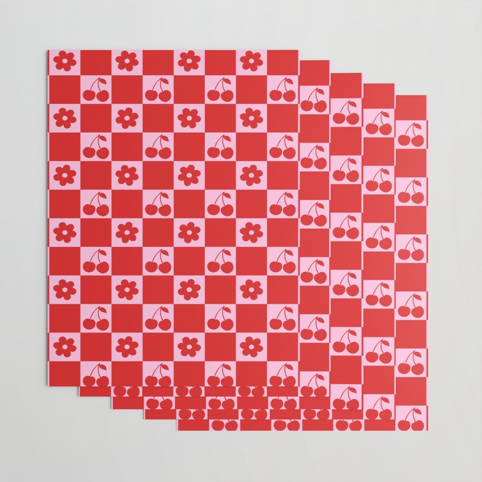 Cherry Flowers Pink & Red Checker Wrapping Paper Gallery Image 3