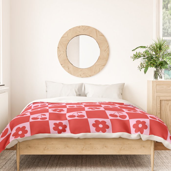 Cherry Flowers Pink & Red Checker Duvet Cover Gallery Image 3
