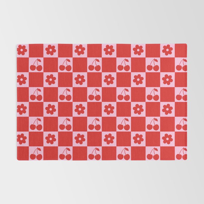 Cherry Flowers Pink & Red Checker Rug Gallery Image 2